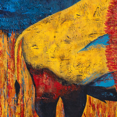 Close-up of textured buffalo painting showing bold color and layered brushwork.