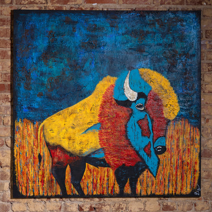 Hand-textured buffalo oil painting with rich yellow, red, and blue tones on rustic brick wall.