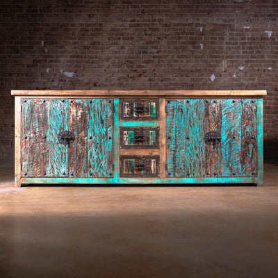 Front view of Calavera Ranch Buffet featuring rustic turquoise and wood panel design