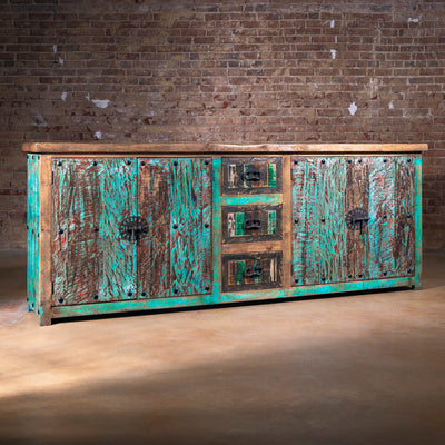 The Calavera Ranch Buffet handcrafted reclaimed wood western sideboard with turquoise patina finish