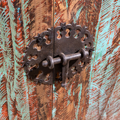 Forged iron latch detail on Calavera Ranch Buffet rustic western hardware craftsmanship