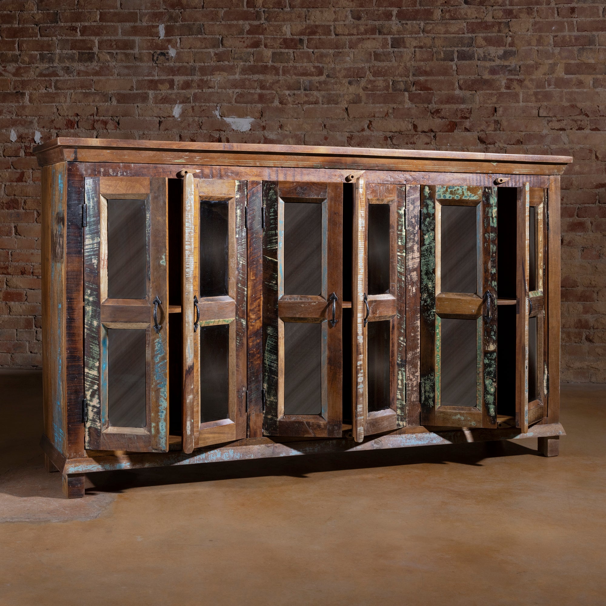 Glass-door reclaimed wood buffet shown with doors open and interior shelving, upscale Western storage cabinet