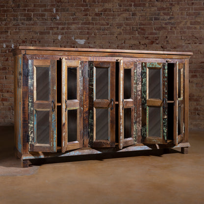 Glass-door reclaimed wood buffet shown with doors open and interior shelving, upscale Western storage cabinet