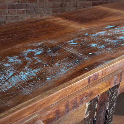 Close-up of reclaimed wood buffet top with turquoise patina wear, Western console and serving surface