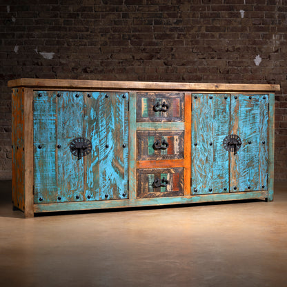 Angle view of Canyoncrest Patina Buffet with multicolor patina and forged-iron hardware