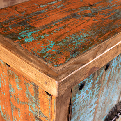 Corner edge detail of reclaimed wood top on Canyoncrest Patina Buffet