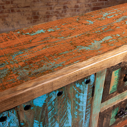 Top surface detail of Canyoncrest Patina Buffet with heavy turquoise and ember patina