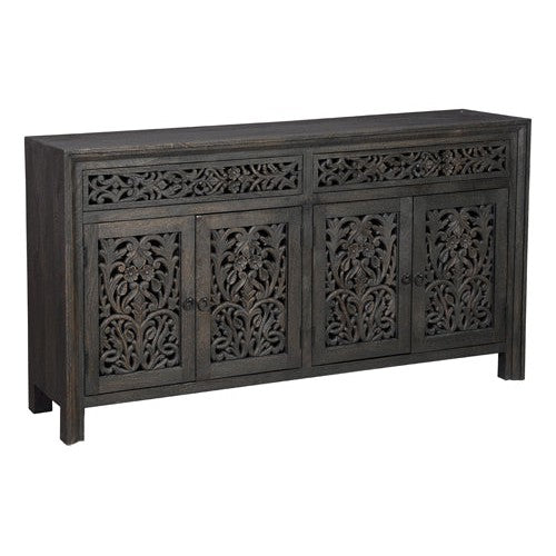 Introducing the Caprice Distressed Black 2 Door 4 Door Carved Sideboard. Made from durable mango wood, this sideboard features a distressed black finish, 2 doors, and 4 drawers, providing both style and storage. Perfect for adding a touch of rustic charm to any room.