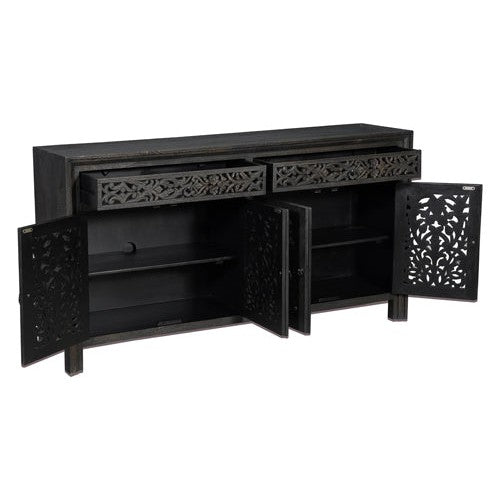 Introducing the Caprice Distressed Black 2 Door 4 Door Carved Sideboard. Made from durable mango wood, this sideboard features a distressed black finish, 2 doors, and 4 drawers, providing both style and storage. Perfect for adding a touch of rustic charm to any room.