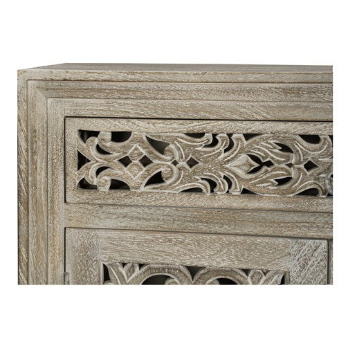 Introducing the Caprice Distressed Limestone Grey 2 Door 4 Door Carved Sideboard. Made from durable mango wood, this sideboard features a distressed black finish, 2 doors, and 4 drawers, providing both style and storage. Perfect for adding a touch of rustic charm to any room.