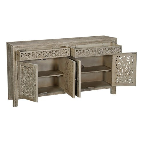 Introducing the Caprice Distressed Limestone Grey 2 Door 4 Door Carved Sideboard. Made from durable mango wood, this sideboard features a distressed black finish, 2 doors, and 4 drawers, providing both style and storage. Perfect for adding a touch of rustic charm to any room.