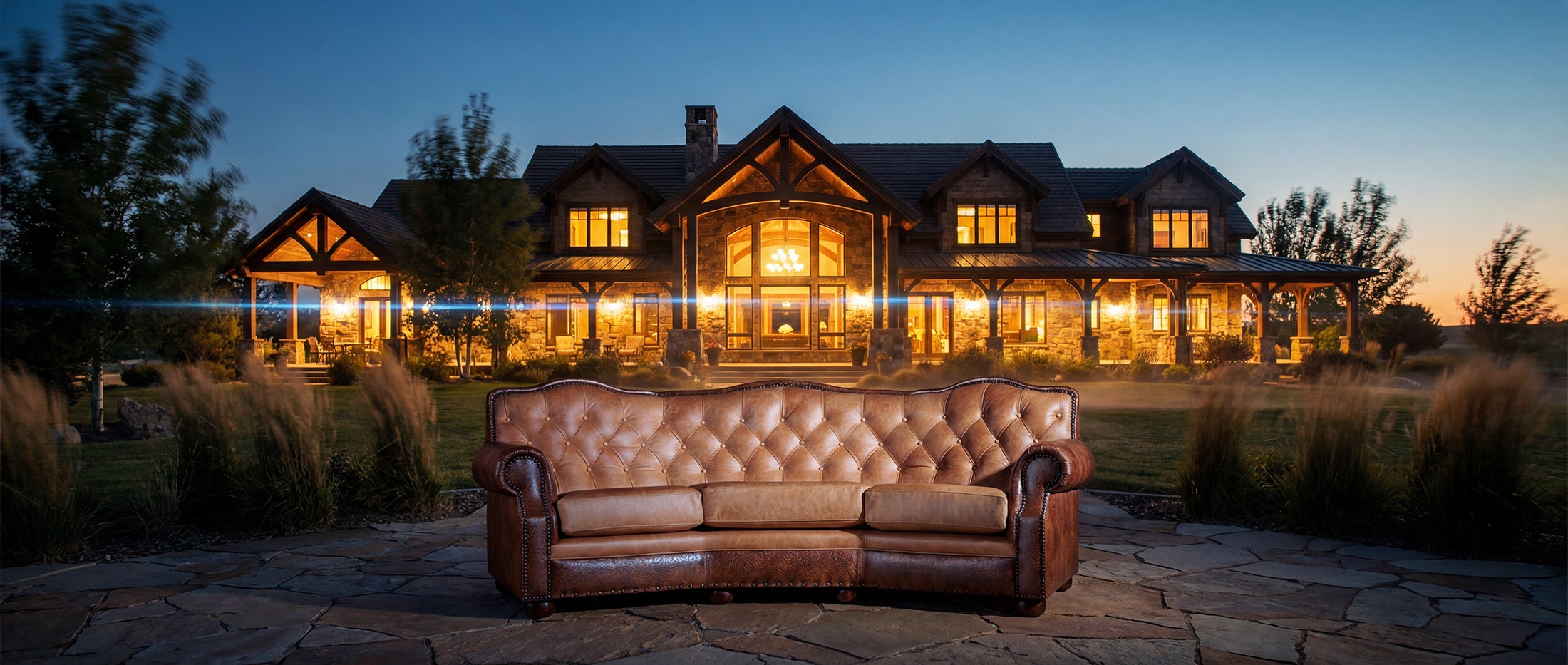Carriage House Brindle Sofa in top-grain leather with tufted back and tooled trim