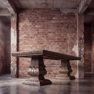 The Castilian Pedestal Dining Table in handcrafted Western hardwood with ornate double pedestal base