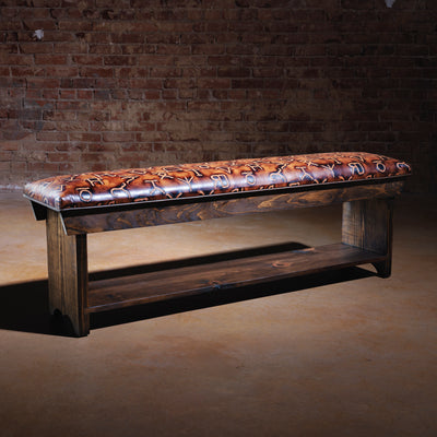 Western bench with cattle branded leather seat and solid wood frame
