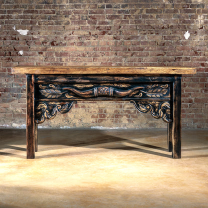 Front view of the Cattleman’s Crest Console showcasing ornate longhorn carving and heirloom-quality craftsmanship.