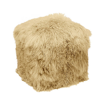 This Tibetan Lamb Pouf is a luxurious, solid wood cube wrapped in plush foam and soft tibetan lamb, perfect for extra seating in a living room or as a vanity stool. Its versatility makes it a great addition to any home. It can also be used as an ottoman!