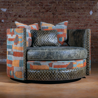 Cimarron Grande Swivel Chair in luxury leather and colorful Western fabric