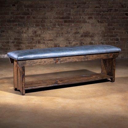 Silver-blue basketweave leather Western bench with dark stained wood base and lower storage shelf
