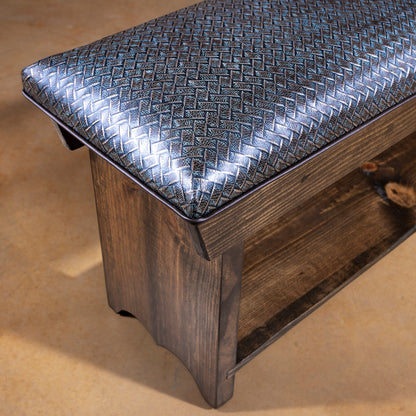 Rustic dark stained wood bench corner detail with silver-blue leather top, Western bedroom bench styling
