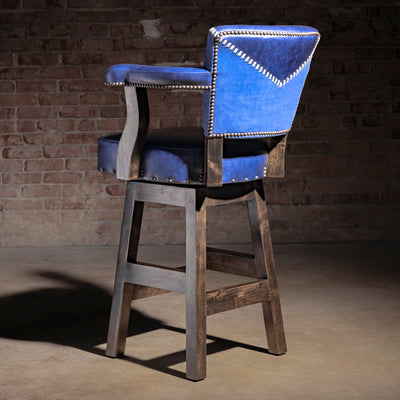 Cobalt Mesa Bar Stool western bar stool back view with cobalt leather, contrast suede yoke panel, and nailhead trim.