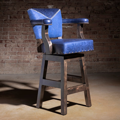Cobalt Mesa Bar Stool western bar stool with top-grain blue leather, suede back panel, whipstitch detail, and wood base.