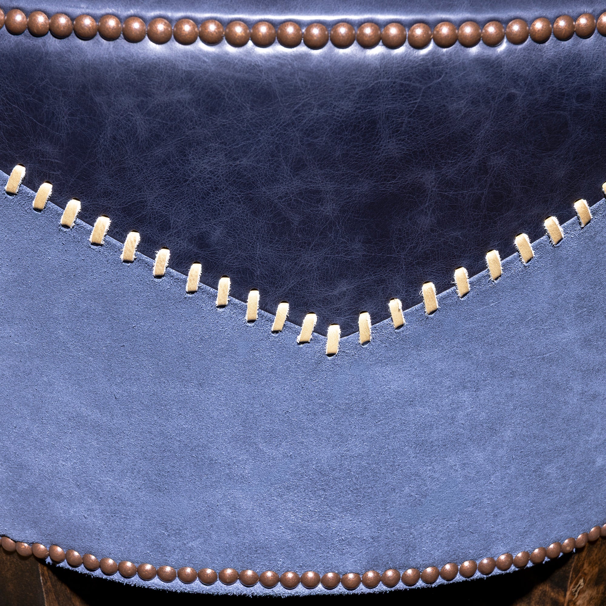 Cobalt Mesa Bar Stool western bar stool stitching detail with suede back panel and contrast laced Western-inspired yoke.
