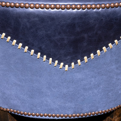 Cobalt Mesa Bar Stool western bar stool stitching detail with suede back panel and contrast laced Western-inspired yoke.