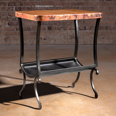 Cobre Scroll Table hammered copper wrought iron accent table with black scroll base and lower magazine holder shelf