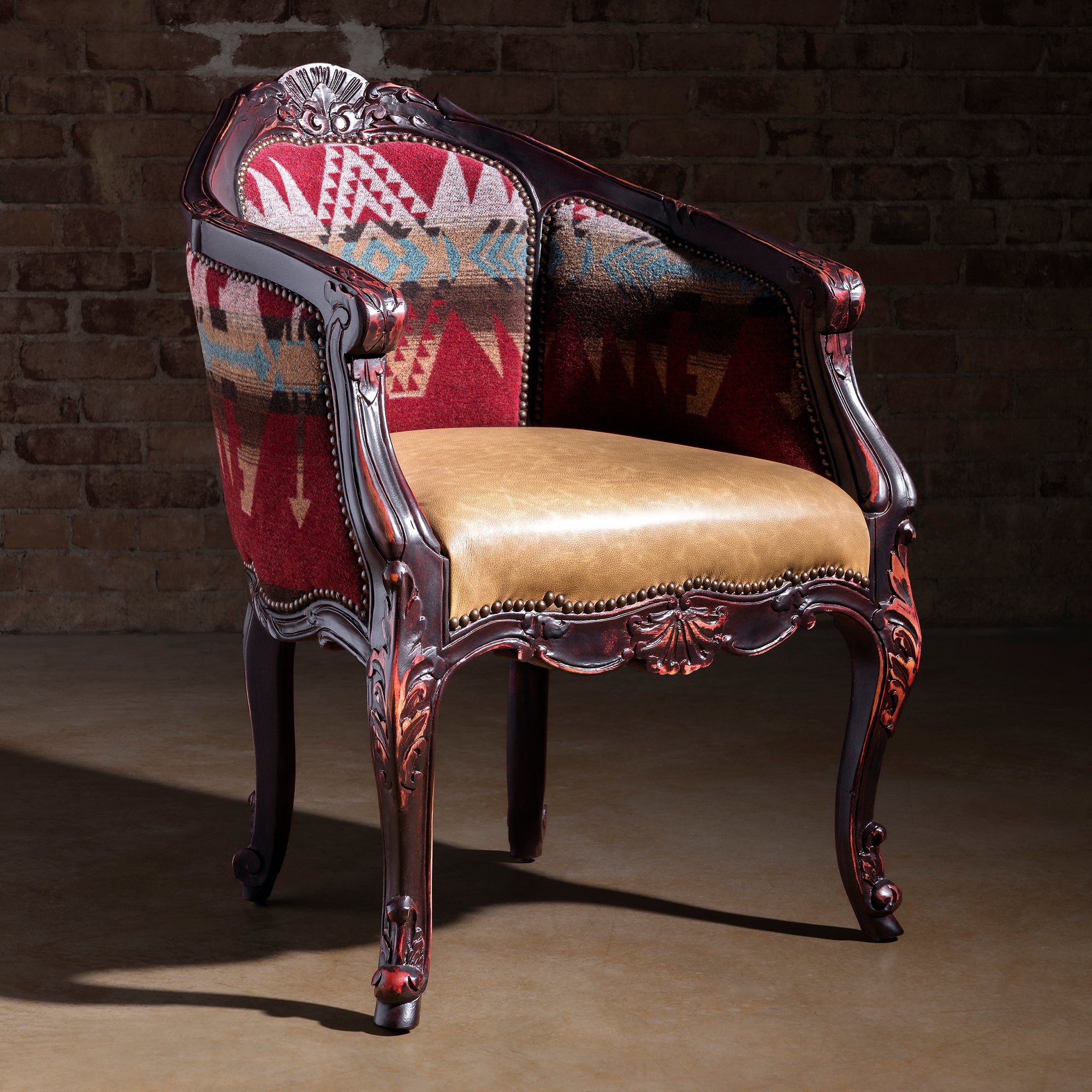 Hand-carved Western accent chair with Southwestern fabric and leather seat