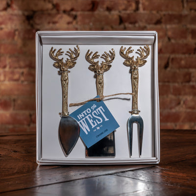 Western cheese knife set with gold deer head handles in white gift box