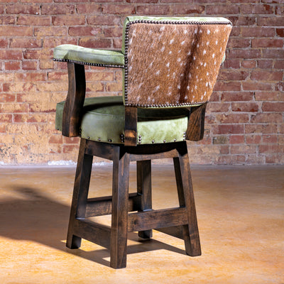 Rear view of Western bar stool featuring genuine axis hide back panel—Coronado Axis