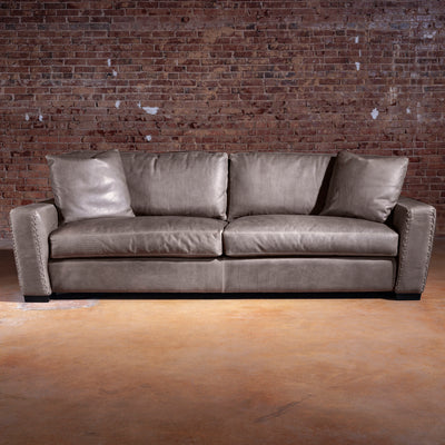 Full view of the Cortez Leather Sofa with Western whipstitch detailing