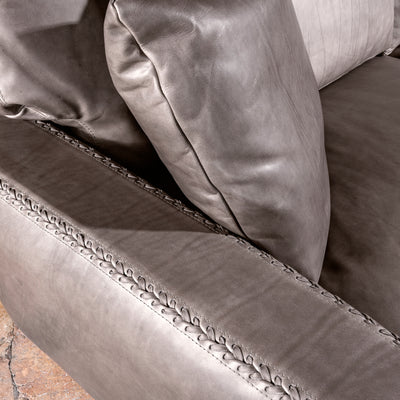 Top view of leather stitching detail on Cortez Leather Sofa arm