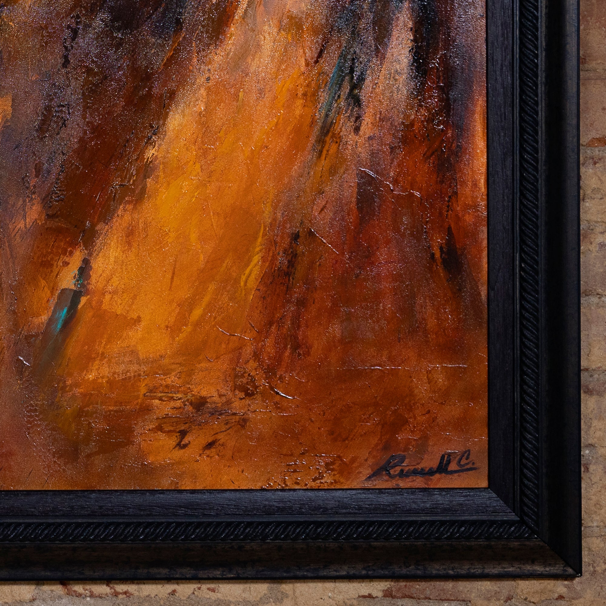 Close-up of textured oil brushwork in rich golden and sienna hues from Western cowboy painting.