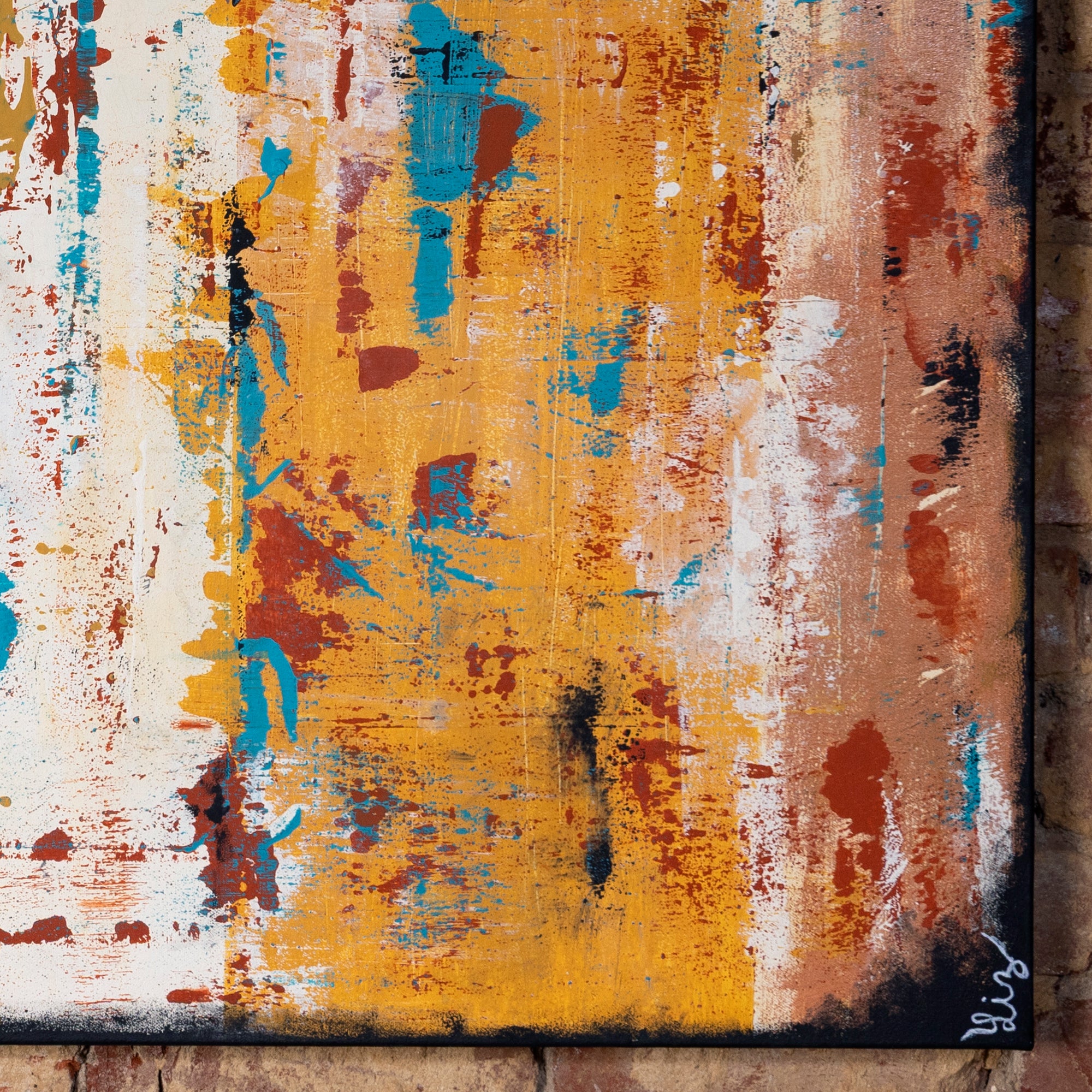 Close-up of textured abstract Western painting with layered brushwork in gold, rust, and turquoise.