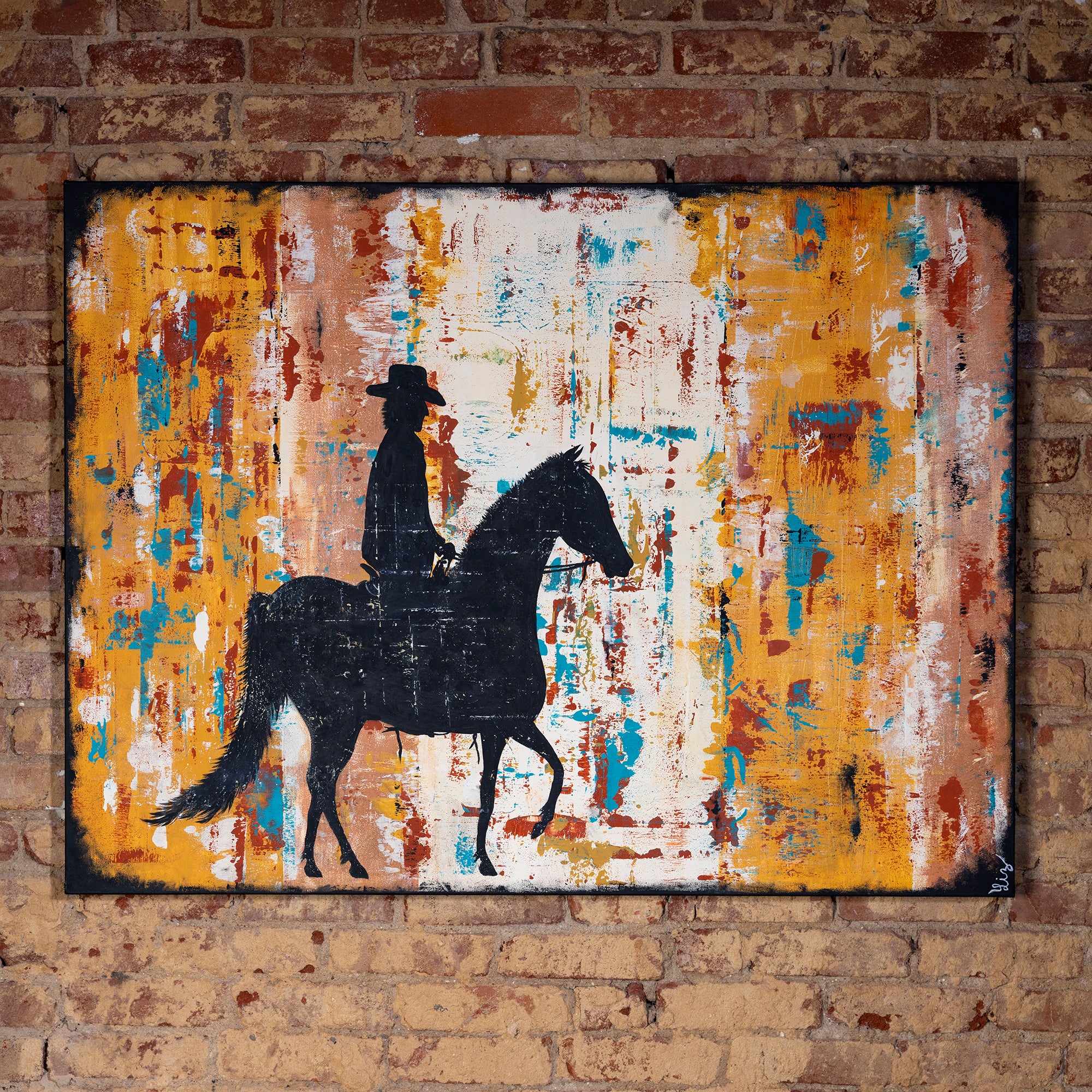 Modern Western oil painting of cowboy on horseback over textured gold and turquoise background.