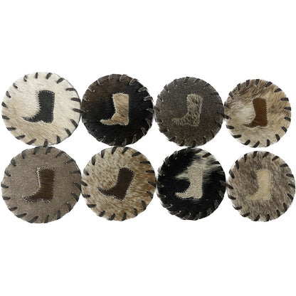 Round natural cowhide coasters. Assorted Colors. Price is PER COASTER - NOT A SET. This set of naturally absorbent leather coasters are Natural shed-free hair on cowhide which prevents drink from sticking, and shows no discoloration when wet. These are made from premium hair-on leather.