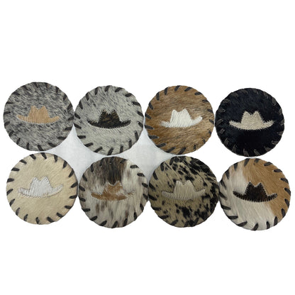 Round natural cowhide coasters. Assorted Colors. Price is PER COASTER - NOT A SET. This set of naturally absorbent leather coasters are Natural shed-free hair on cowhide which prevents drink from sticking, and shows no discoloration when wet. These are made from premium hair-on leather.
