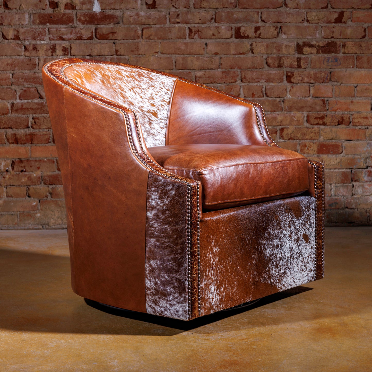 Longhorn Hide Swivel Leather Barrel Chair