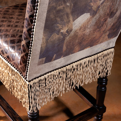 Personalized Western bar stool with custom ranch brand artwork on suede backrest