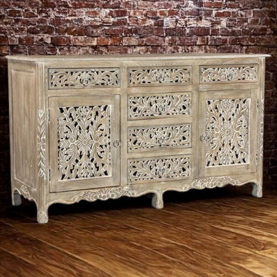 Arabella (2 Door / 6 Drawer) Limestone Grey Mango Wood Console