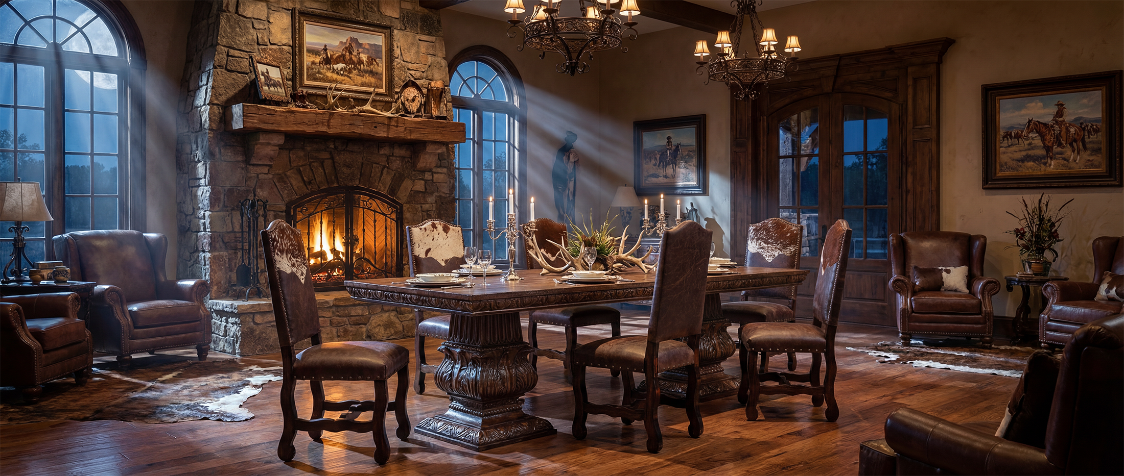 Western dining room with solid wood trestle table, leather chairs, and warm candlelight creating an heirloom atmosphere