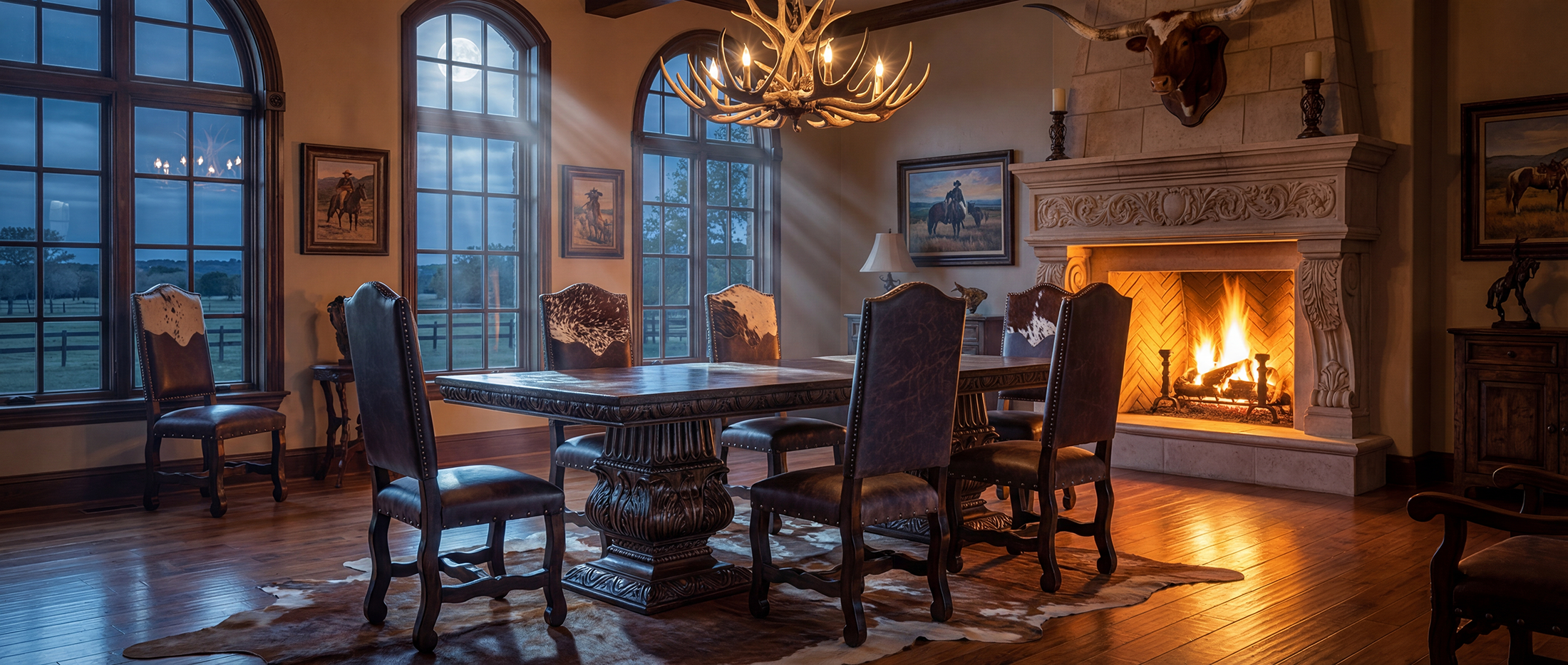 Western dining room with solid wood trestle table, leather chairs, and warm candlelight creating an heirloom atmosphere
