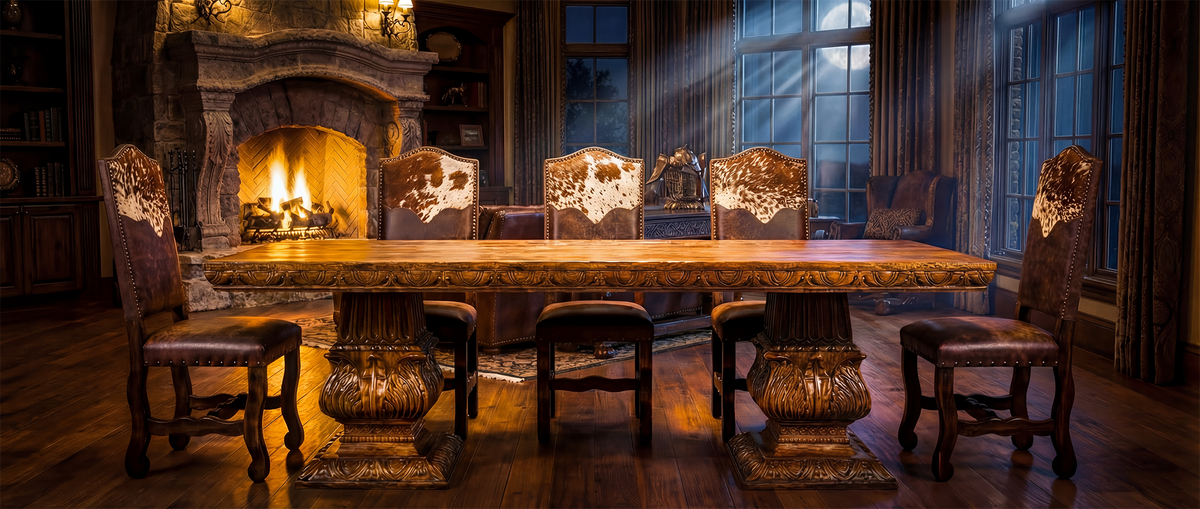 Western dining room with solid wood trestle table, leather chairs, and warm candlelight creating an heirloom atmosphere