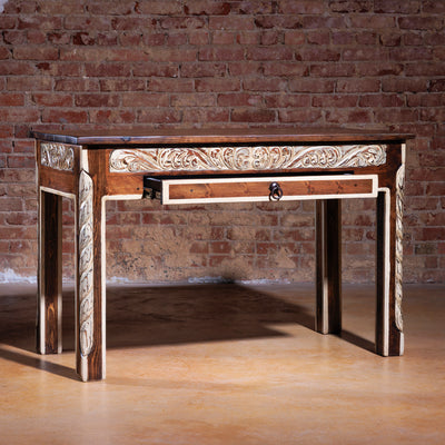 Center drawer of The Durango Writing Desk open to reveal interior craftsmanship and iron ring pull