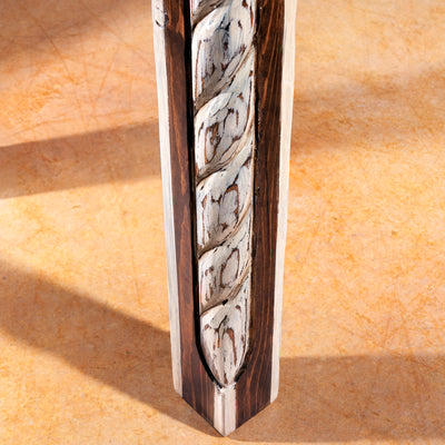 Close-up of twisted rope leg carving on The Durango Writing Desk with distressed white finish