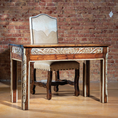 The Durango Writing Desk styled with a cream nailhead Western side chair for home office or entryway