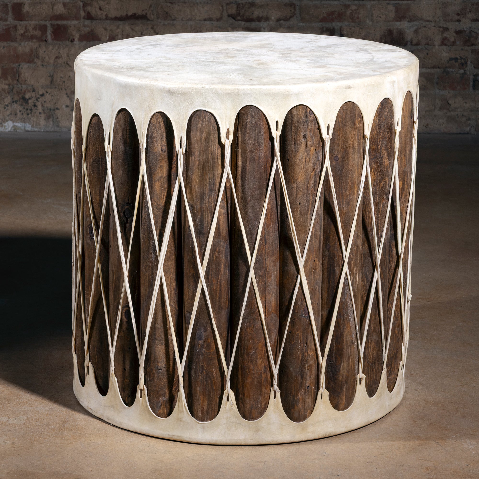 Echo Mesa Drum Accent Table round Western drum side table with hide wrapped top and laced wood body