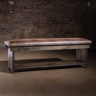 Estancia Regent Embossed Leather Western Bench western bench with dark wood frame, croc-embossed top grain leather seat, and lower shelf