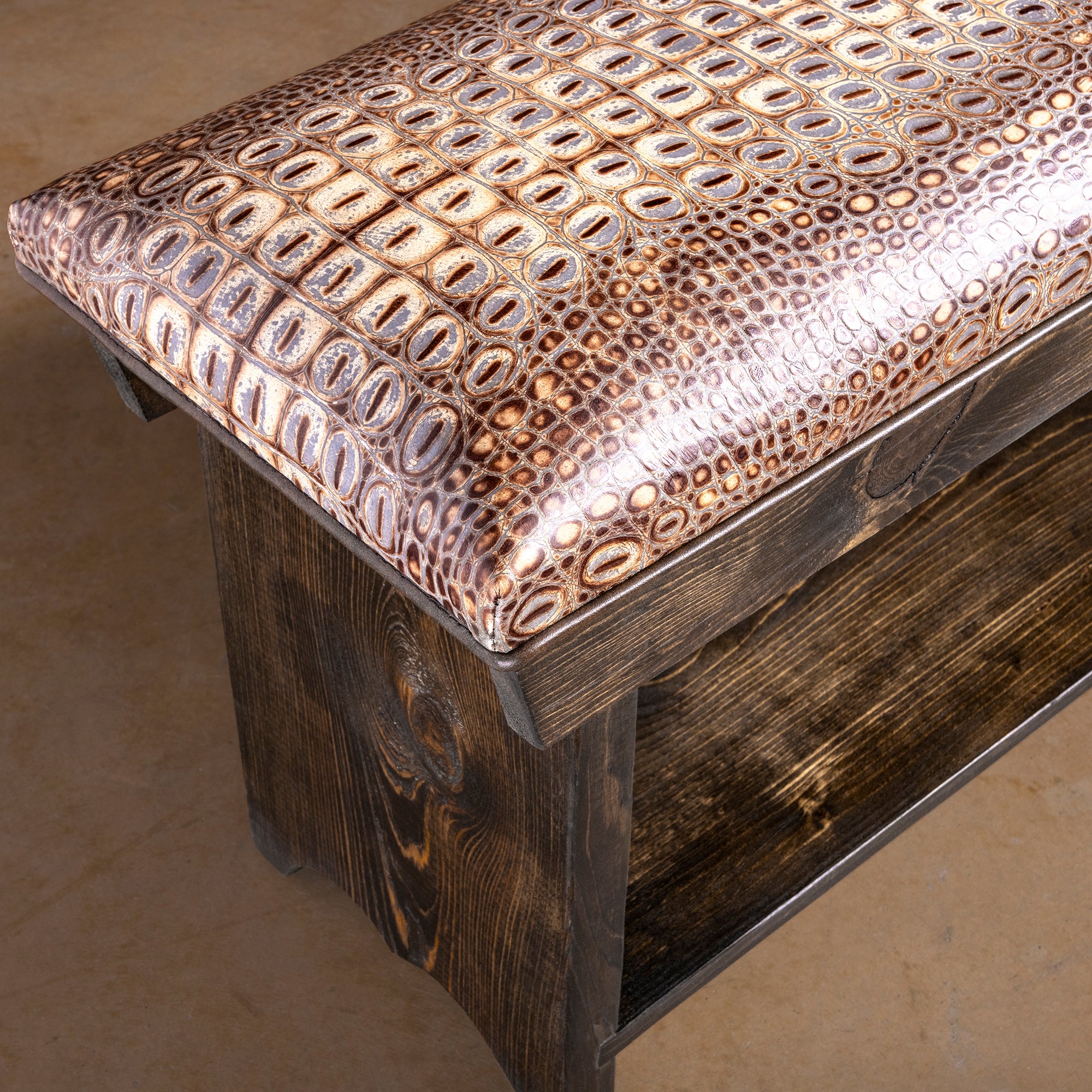 Estancia Regent Embossed Leather Western Bench western bench close-up with croc-embossed top grain leather and dark wood trim